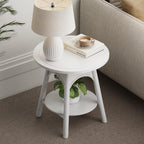 COZAYH Modern White Round End Table with Shelf, Distressed Farmhouse Accent Side Table for Bedroom, Sofa or Office