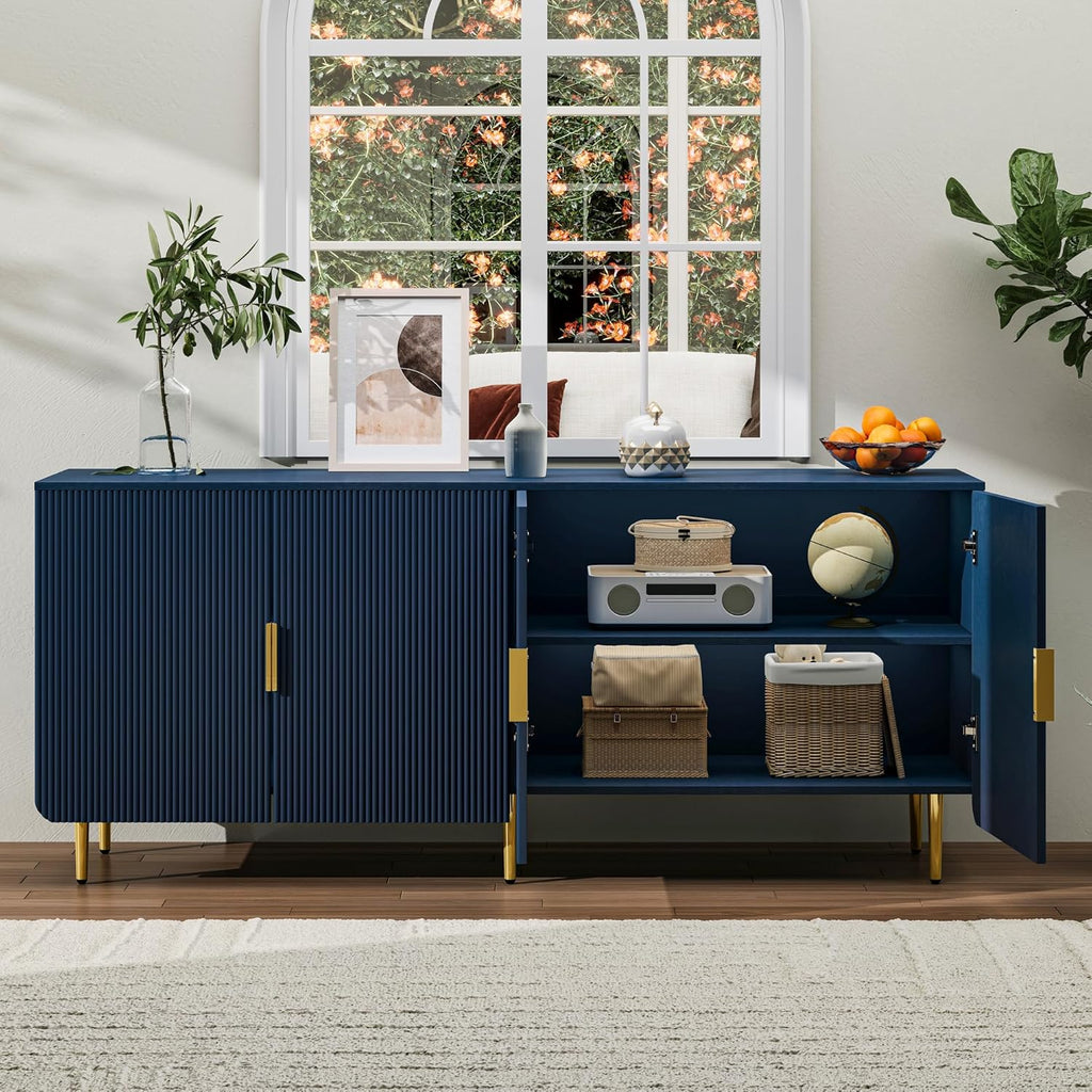 65" Fluted Sideboard Buffet Cabinet with Storage, Console Cabinet with 4 Doors & Adjustable Shelves, Modern Buffet Table for Kitchen Dining Living Room Hallway‌ Entryway, Blue