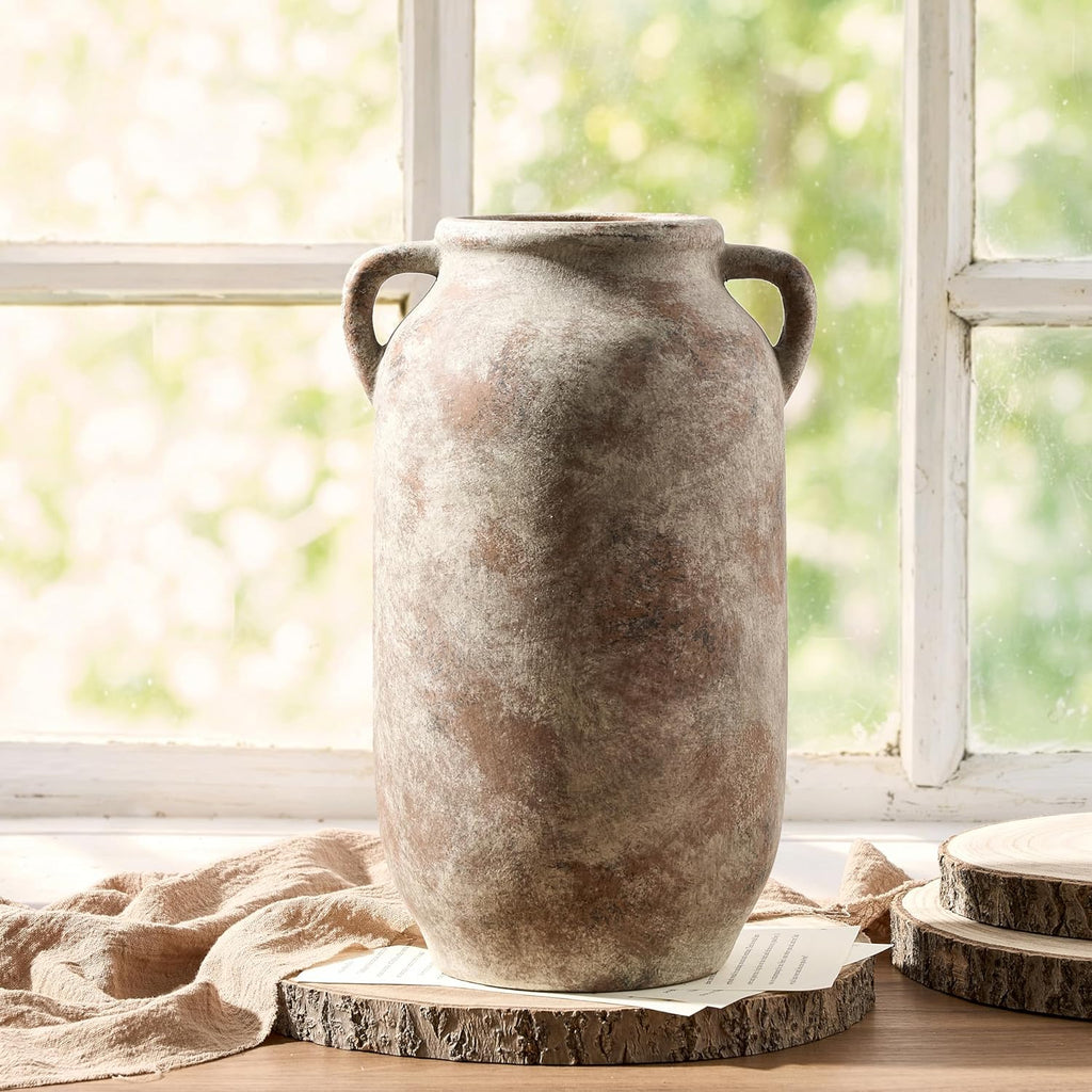 Large Flower Vase Home Decor - 12 inch Tall Ceramic Farmhouse Rustic Table Vases with Handle Living Room Decoration Decorative Modern Vintage for Floor Kitchen Shelf Coffee Dining Desk Fireplace
