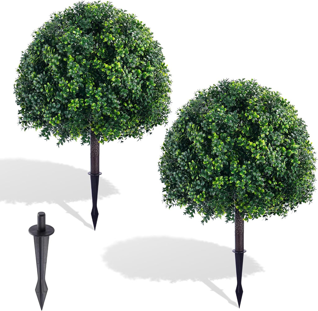 24.8 Inch Artificial Boxwood Trees, 2 Sets Faux Boxwood Topiary with Spikes, Pot Filler Fake Shrubs Plants for Outdoor PlantersFront Porch Decor Round Topiary Bush Balls Home Garden Spring