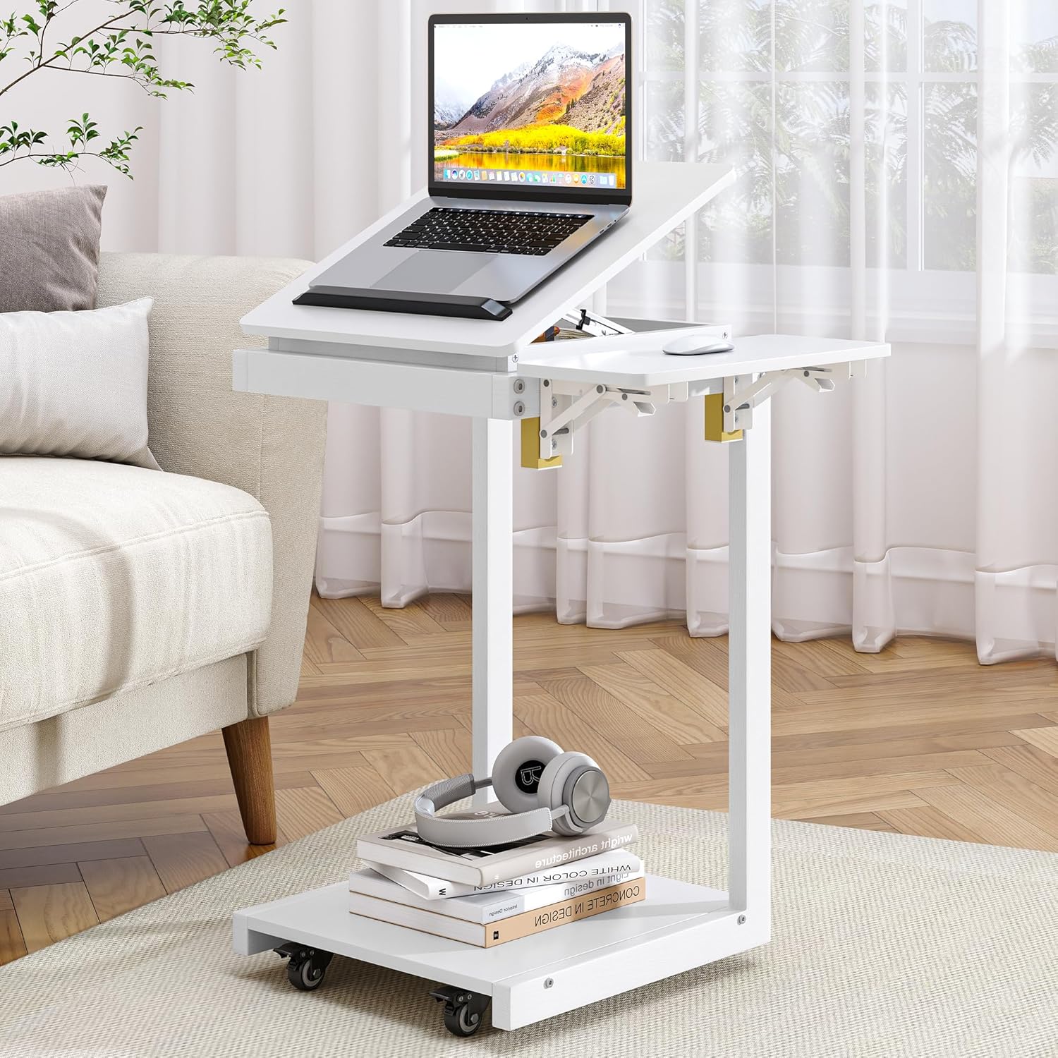 OtterOasis C Shaped End Table for Couch C Table with Wheels Folding Desktop Wood Rolling Side Table with Storage Desk Tv Tables Lockable Wheel for Couch, Living Room, Bedroom, White