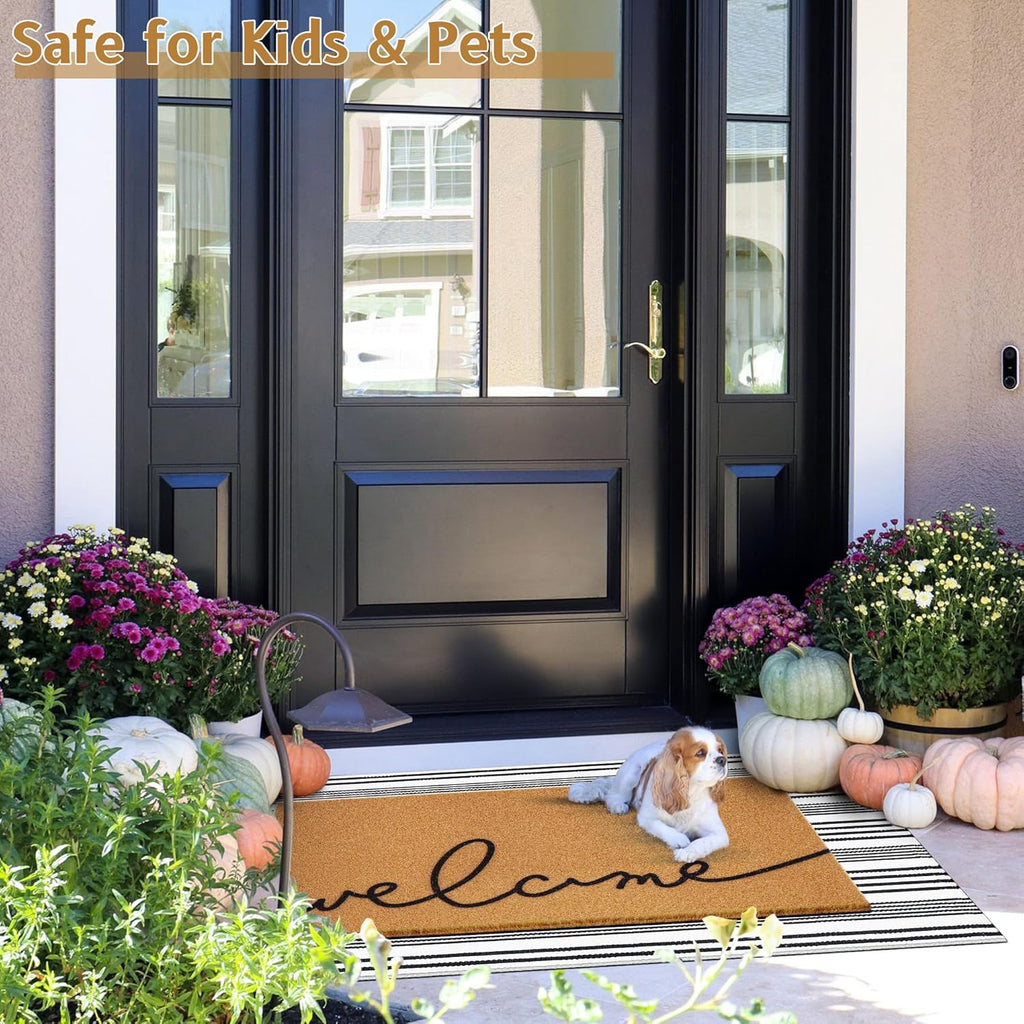2 Pcs Summer Door Mat, Coco Coir Welcome Doormat with Black and White Striped Mats, Extra Thick & Non-Slip Backing for Farmhouse Front Porch Entryway, Seasonal Layered Porch Décor Floor Mat (Welcome)