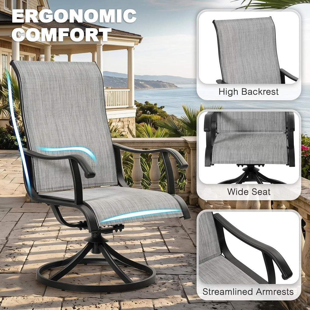 NUU GARDEN Patio Swivel Chairs Set of 2, Outdoor Dining Chairs | Breathable Textilene seats with smooth 360° swivel motion, ergonomic high-back design and durable powder-coated steel frame