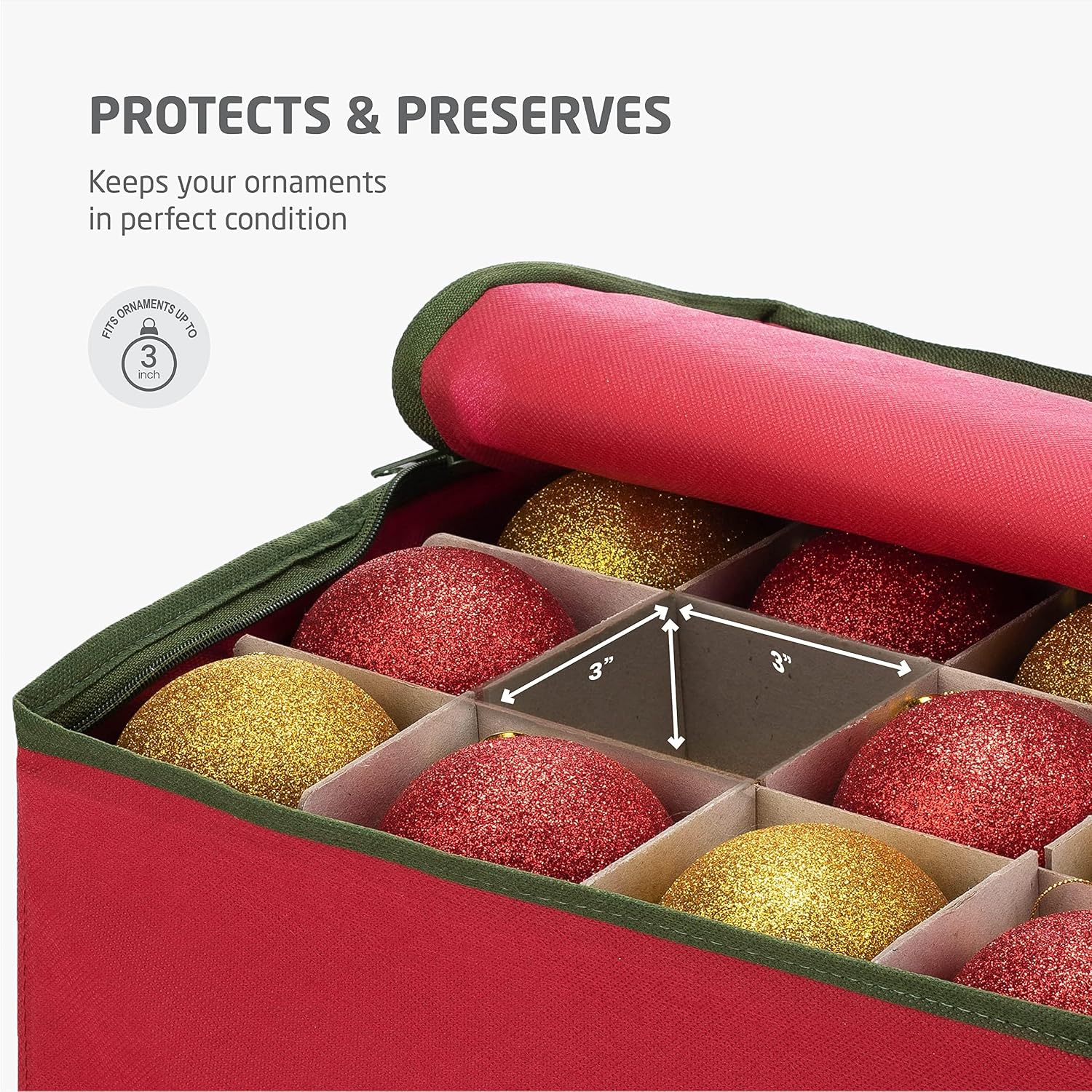 Christmas Ornament Storage Box 128 Capacity - Durable Tear-Proof Fabric Organizer with Adjustable Dividers & Dual Zipper for 3 Inch Christmas Ornament Storage, Red Large Ornament Storage Box