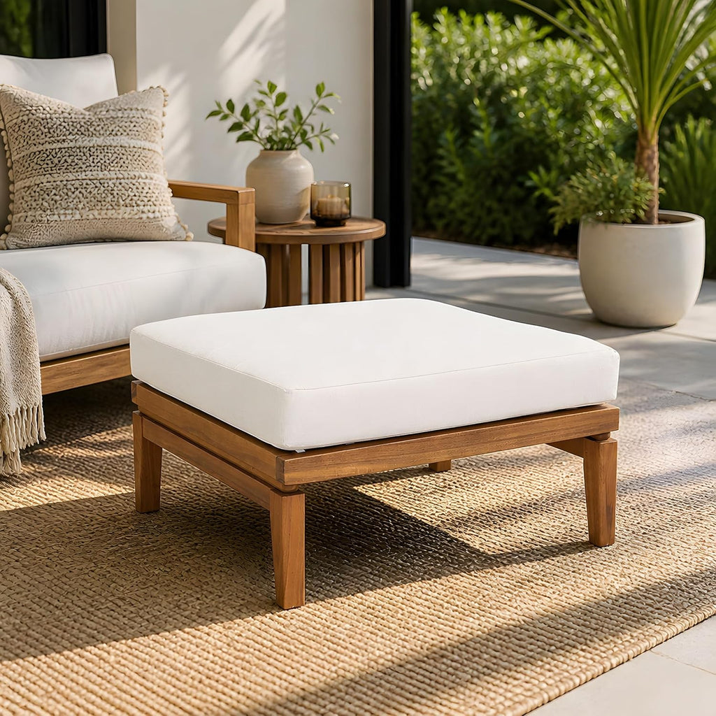 Merax Patio Outdoor Acacia Wood Ottoman, 27.56" Square Footrest with Water-Repellent Beige Cushion, Teak Finish Patio Ottoman Foot Stool for Backyard, Lawn, Balcony, Teak+ Beige