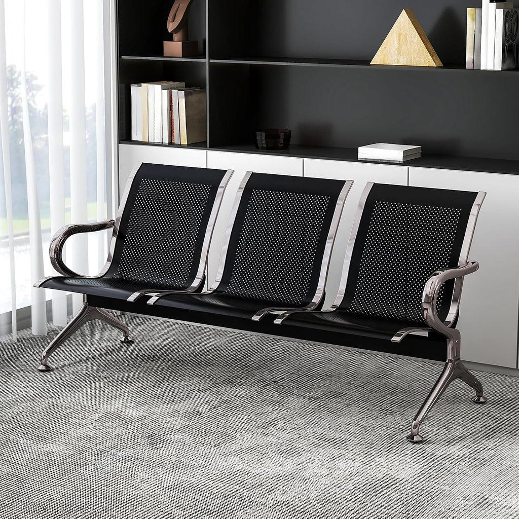 kinbor Waiting Room Chair - Guest Reception Chairs Waiting Bench with Armrests for Clinic Airport Bank Salon Barber Waiting Area, Black 3 Seat