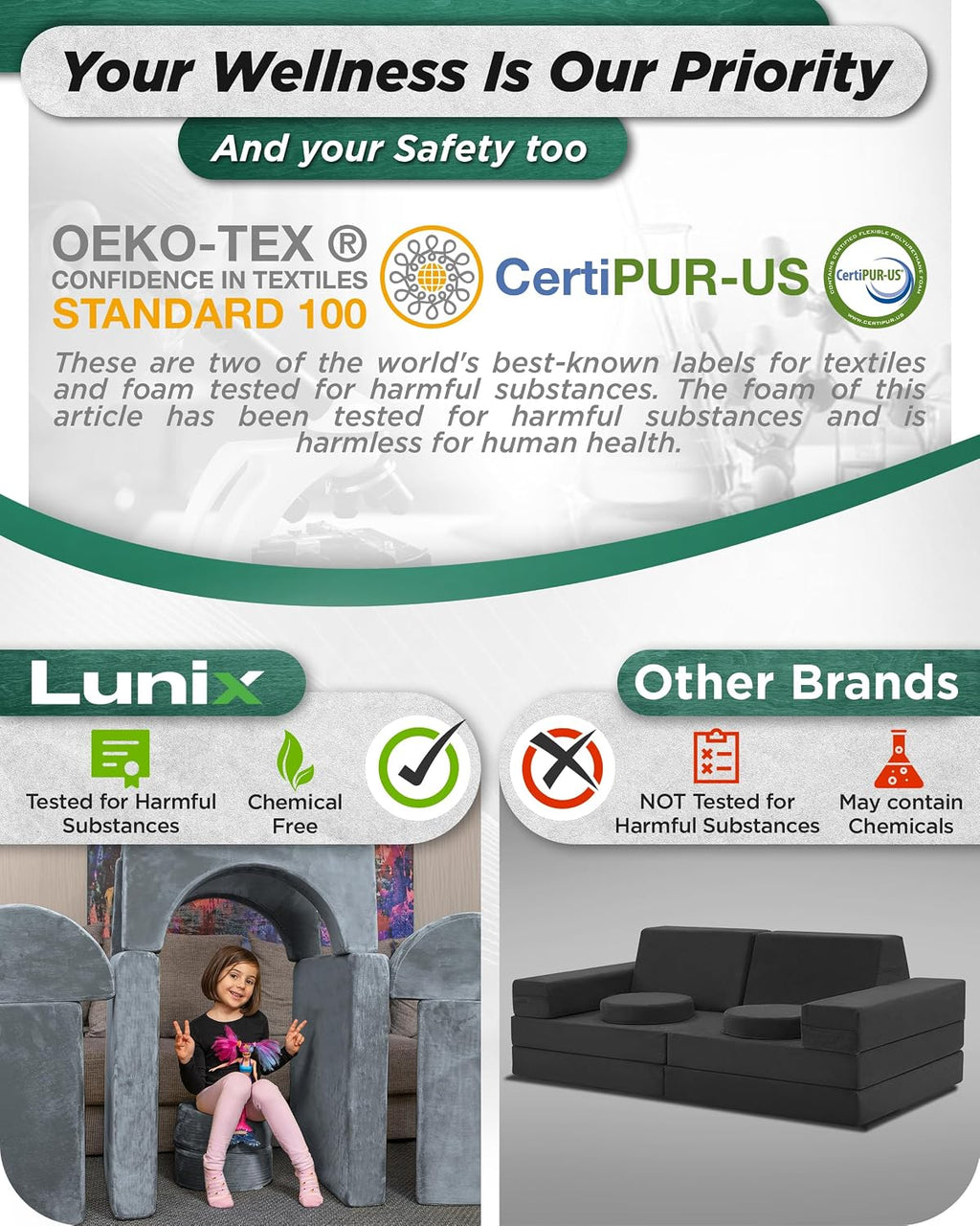 Lunix LX15 14pcs Modular Kids Play Couch, Design-Patent Child Sectional Sofa, Fort-Play Bedroom & Playroom Furniture for Toddlers, Convertible Foam, Washable Covers, OEKO-TEX & CertiPUR-US, Stone Gray