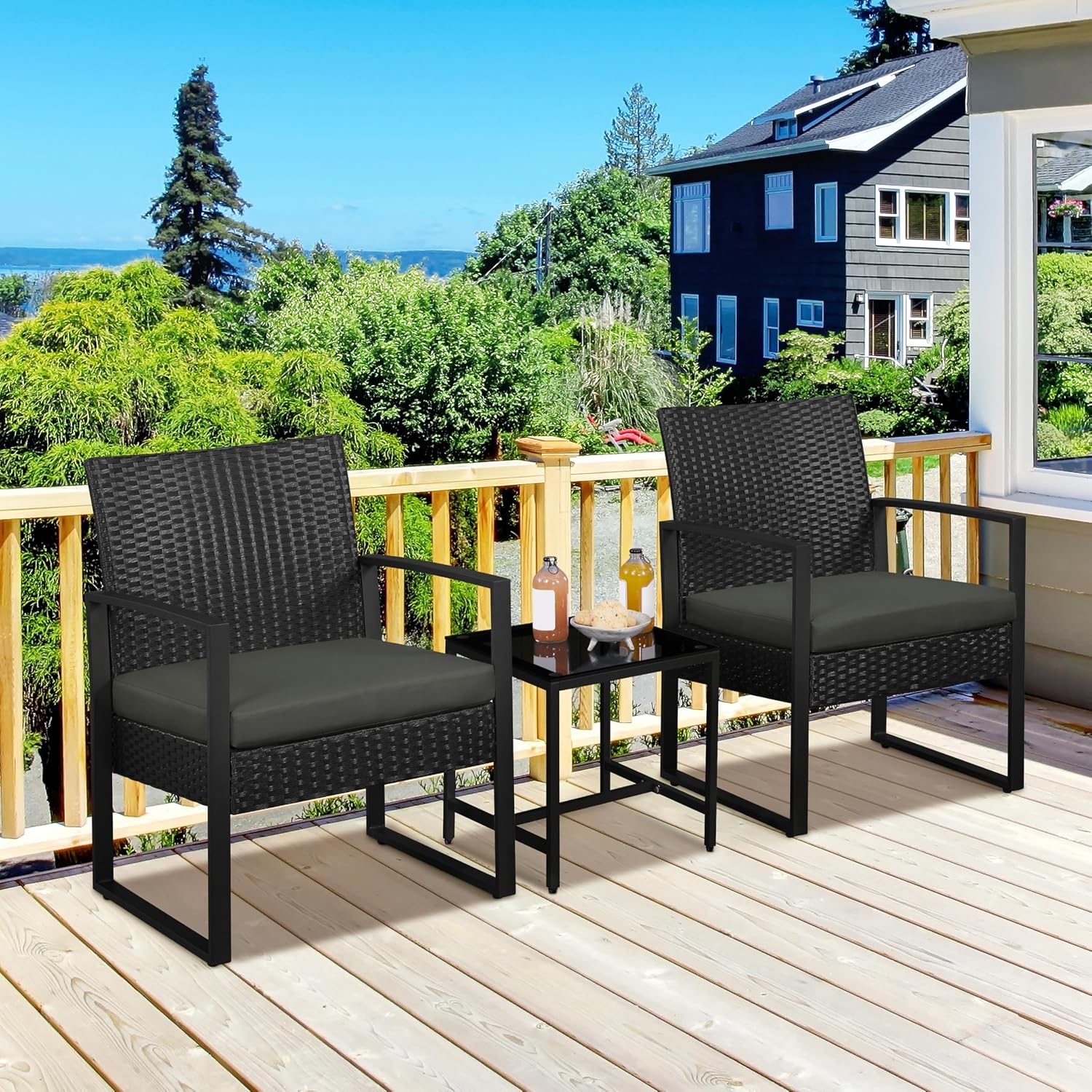 Yaheetech 3 Pieces Rattan Bistro Set, Indoor/Outdoor Wicker Patio Modern Conversation Furniture, 2 Chairs & Tempered Glass Coffee Table for Garden, Balcony, Backyard, Poolside, Black/Gray