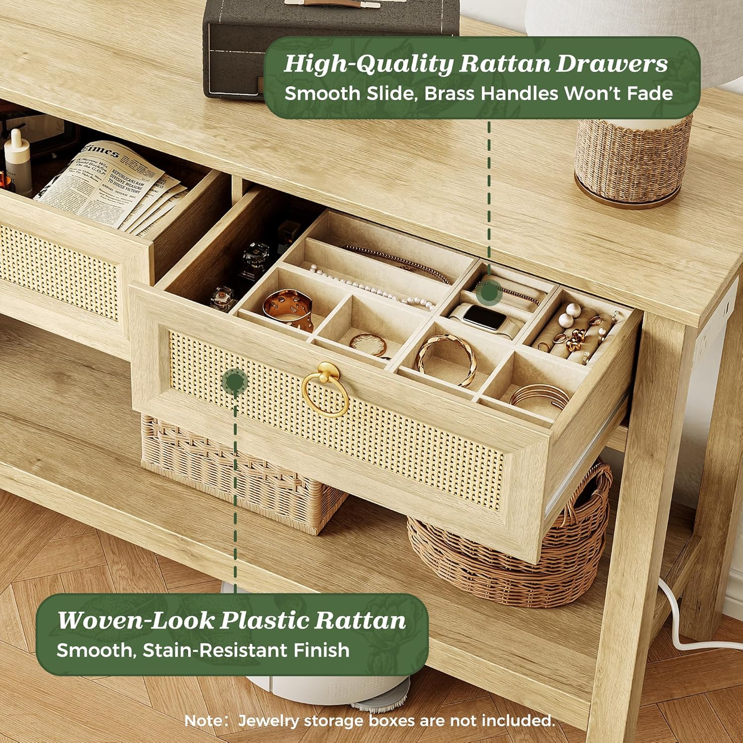 SUPERJARE Rattan Console Sofa Table with Outlets and USB-C Port, 3 Drawer Entryway Table with Synthetic Rattan Surface, 53.9 Inch, Open Shelf, Behind Couch Entry Foyer Hallway Storage, Natural