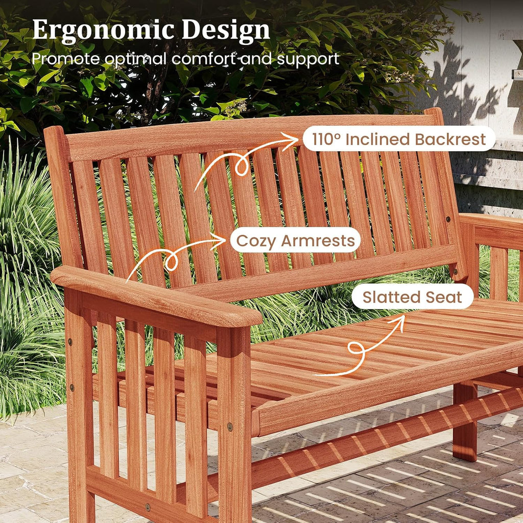 Tangkula Outdoor Wood Garden Bench, 2-Person Patio Park Bench with Backrest, Armrests and Slatted Seat, Outside Loveseat Furniture for Front Porch, Balcony, Deck and Yard