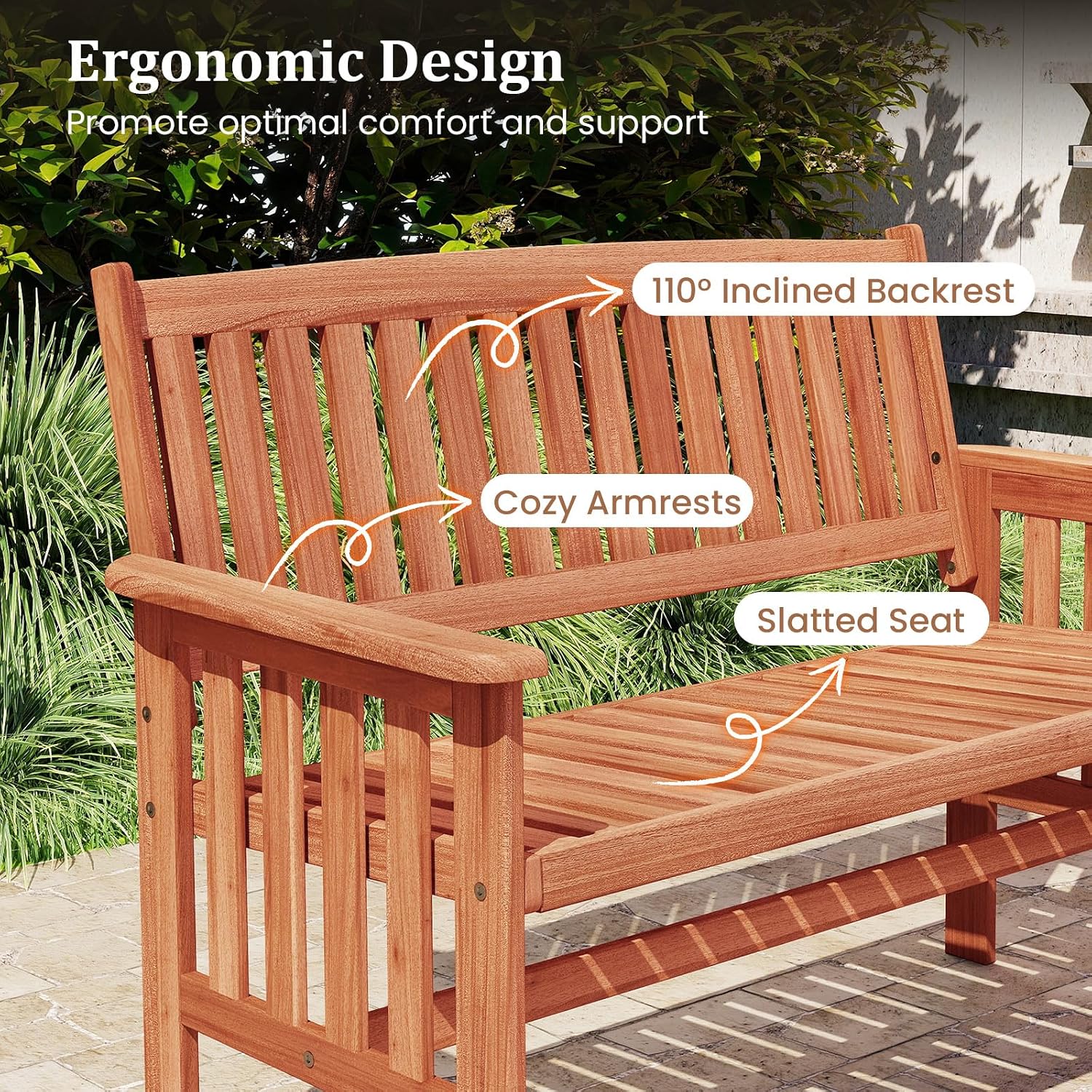 Tangkula Outdoor Wood Garden Bench, 2-Person Patio Park Bench with Backrest, Armrests and Slatted Seat, Outside Loveseat Furniture for Front Porch, Balcony, Deck and Yard