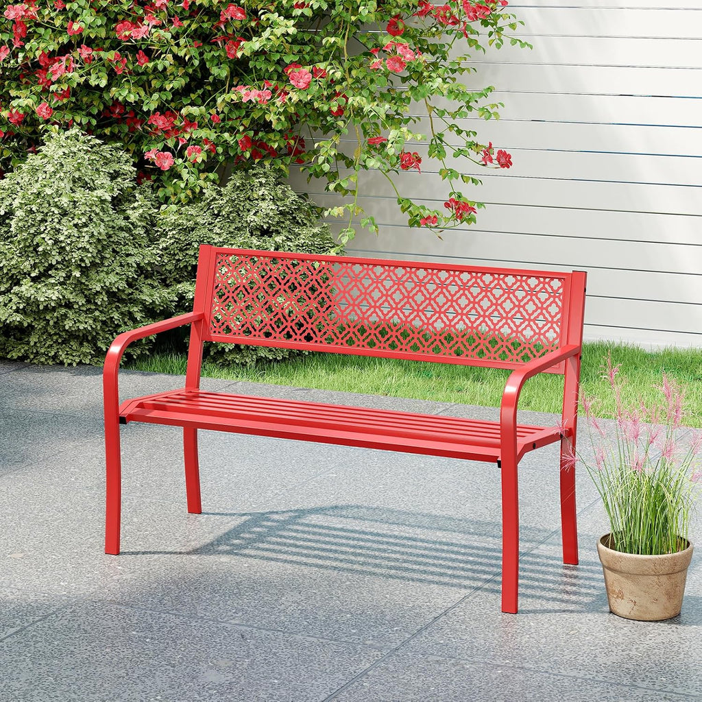 Tangkula 50 Inches Outdoor Garden Bench, Metal Patio Park Bench with Geometric Lattice Backrest, Armrests and Slatted Seat, Outdoor Loveseat Chair for Porch, Lawn and Yard (Red)