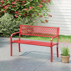Tangkula 50 Inches Outdoor Garden Bench, Metal Patio Park Bench with Geometric Lattice Backrest, Armrests and Slatted Seat, Outdoor Loveseat Chair for Porch, Lawn and Yard (Red)
