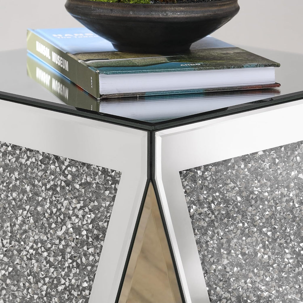 Henf Mirrored End Table Modern Inverted Triangular Side Table with Crystal Design Decorative Glass Accent Small Coffee Table Bedside Table for Home Decoration Crystal Diamond Bed Night Stand