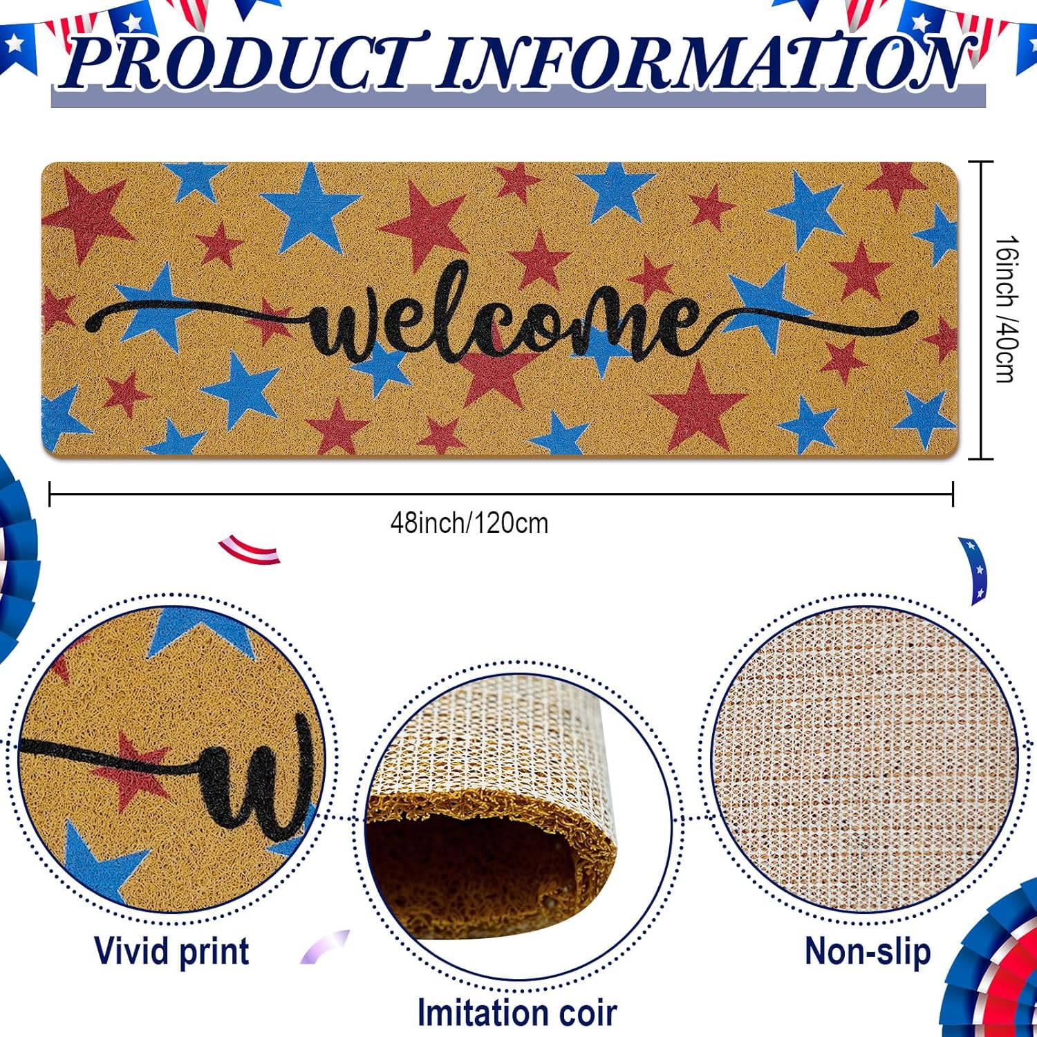 Long Doormat 48x 16 inch Front Door Mat 4th of July Doormat Patriotic Door Mat Red Blue Star Welcome Mat for 250th Anniversary Independence Day Front Door Porch Entrance Decor