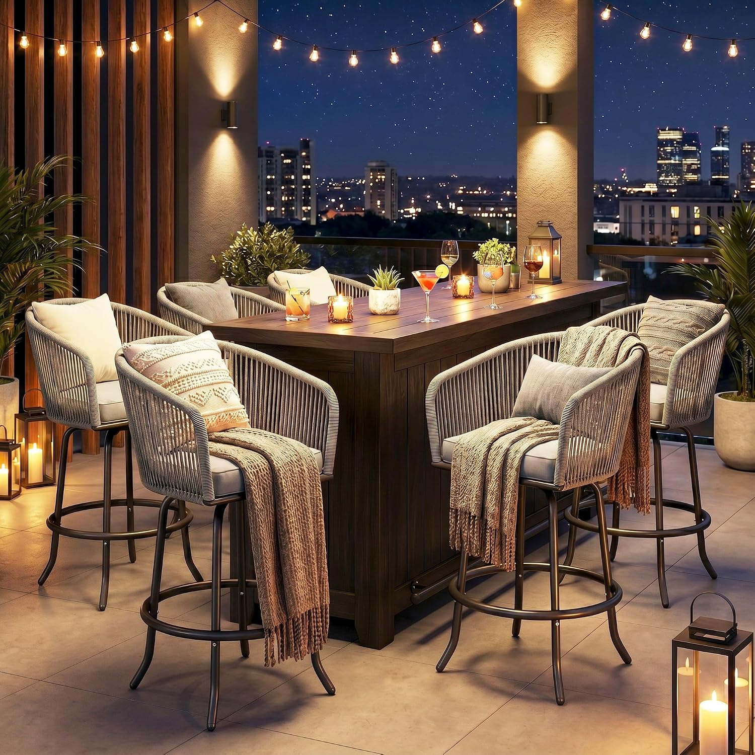YITAHOME 27" Bar Stools Set of 6 with Arms & Cushions, 360° Swivel Outdoor Bar Stools, All Weather Counter Height Bar Stools Set of 6 with Curved Back for Backyard, Kitchen Island, Dining Room, Gray