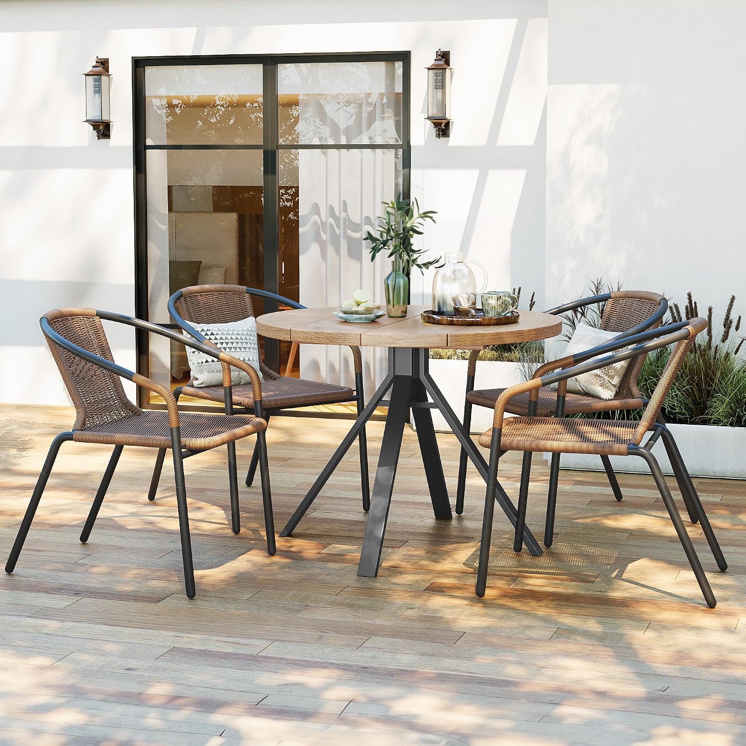 Amopatio Outdoor Dining Chairs Set of 4, Stackable Outdoor Patio Chairs, Rattan Wicker Patio Chairs Set of 4, for Porch, Deck, Garden, Poolside, Yard, Bistro, Restaurant, Brown