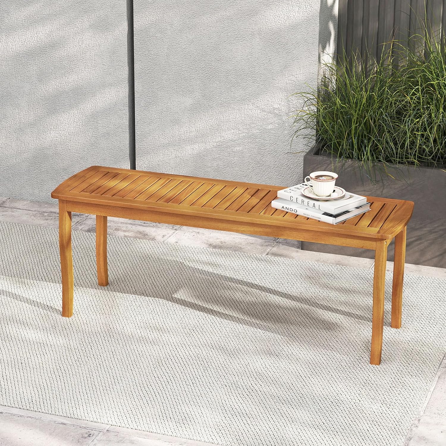 Tangkula Acacia Wood Outdoor Bench, 47" 2-Person Patio Dining Bench with Slatted Seat, Backless Wooden Entryway Bench, Farmhouse Indoor Outdoor Bench for Garden, Poolside, Deck & Park (2,Natural)