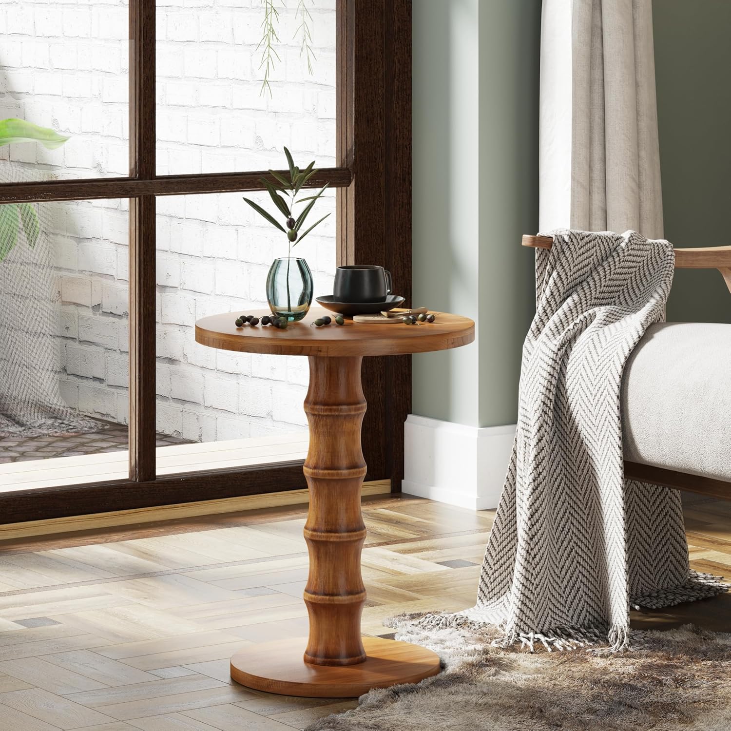 COZAYH Solid Cedar Pedestal End Table with Turned Wood Base, Round Wooden Side Table, Small Space Accent Table for Living Room or Entryway, Warm Natural