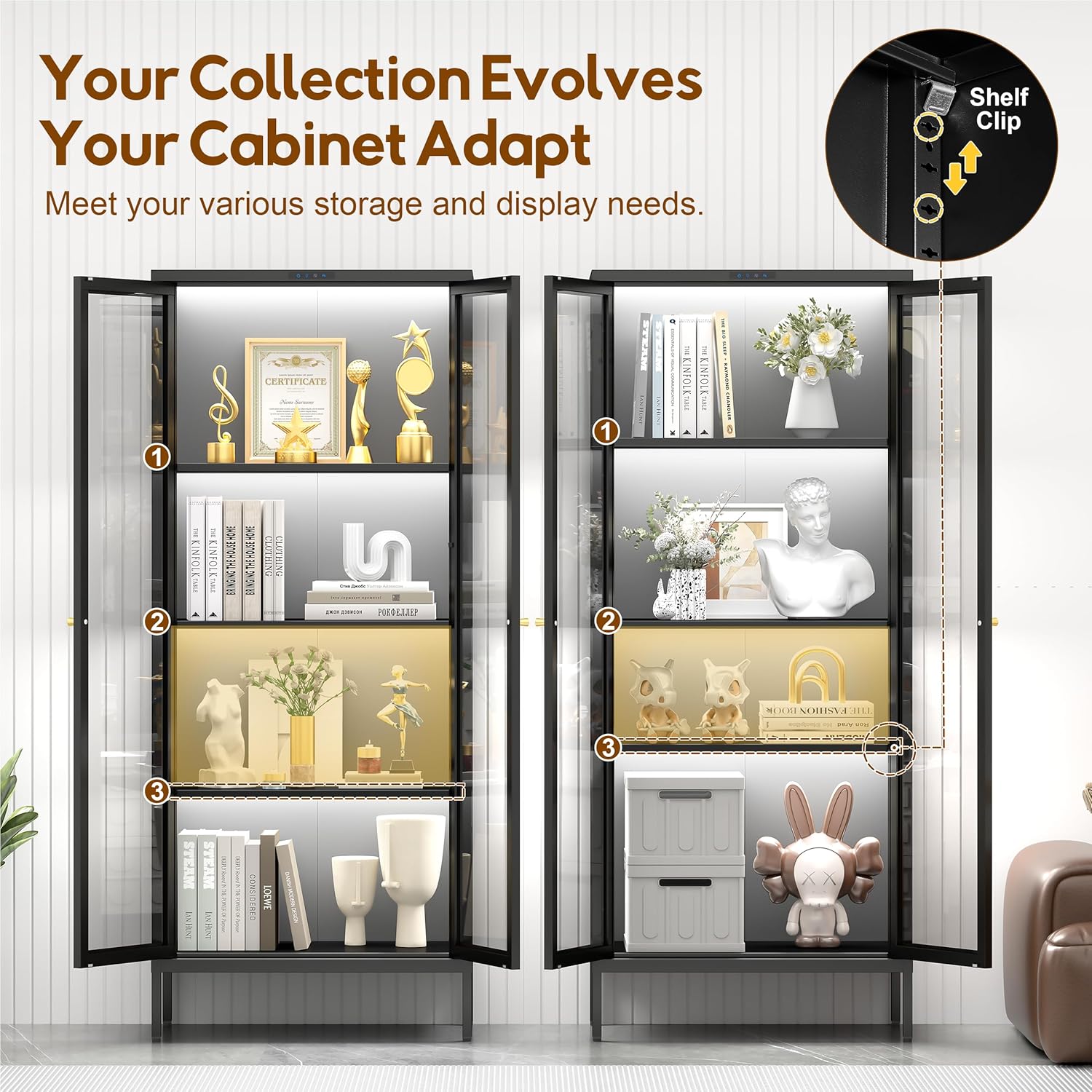 UNICOLY Display Cabinet with Glass Doors, Glass Display Cabinet with 8 Color LED Lights, Curio Display Cabinet with 3 Shelves for Living Room, Plant, Display Shelf, Assembly Required, Black