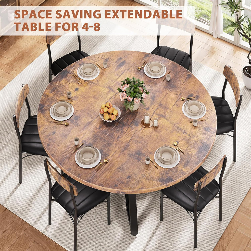 47‘’-61‘’ Extendable Round Dining Table for 6-8, Modern Industrial Kitchen Oval Dining Table with Removable Leaves, Space Saving Pedestal Base with Storage Shelf for Kitchen Living Room (Vintage)