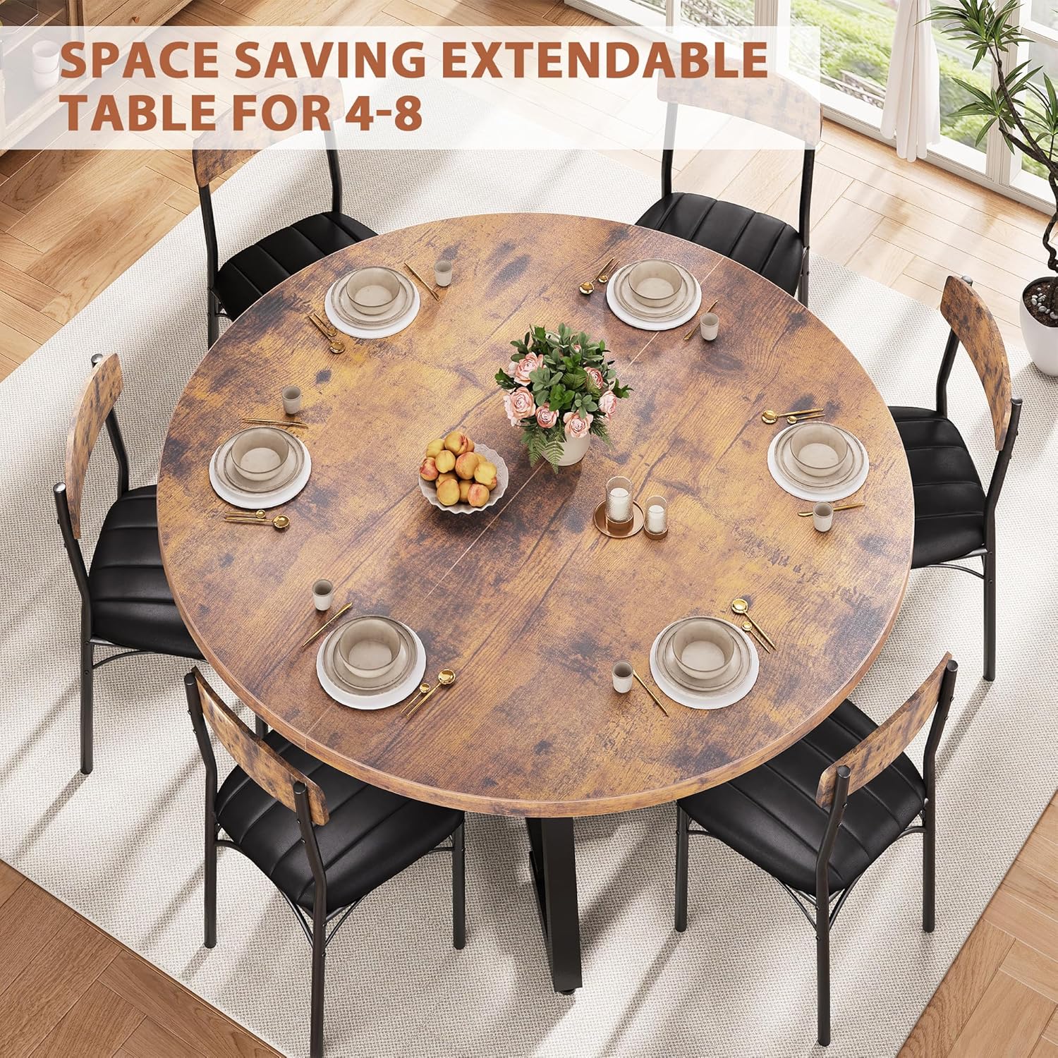 47‘’-61‘’ Extendable Round Dining Table for 6-8, Modern Industrial Kitchen Oval Dining Table with Removable Leaves, Space Saving Pedestal Base with Storage Shelf for Kitchen Living Room (Vintage)