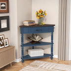 ZSQ Retro Corner Side Table, 33.8 inch Triangle Console Table with Solid Wood Legs, 3-Tier Small Wooden Living Room Table, Navy Blue and Espresso Top (Navy Blue)