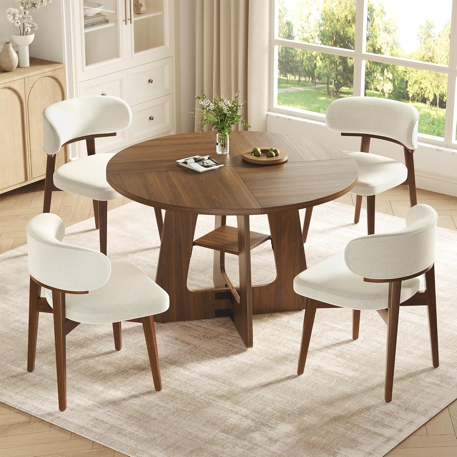 GRUSIGN 5-Piece Round Dining Table Set for 4-6, 47" Farmhouse Table with 4 Upholstered Dining Chairs, Ergonomic Curved Backrest, Space-Saving Wood Dinette Set for Dining Room Apartment, Small Space