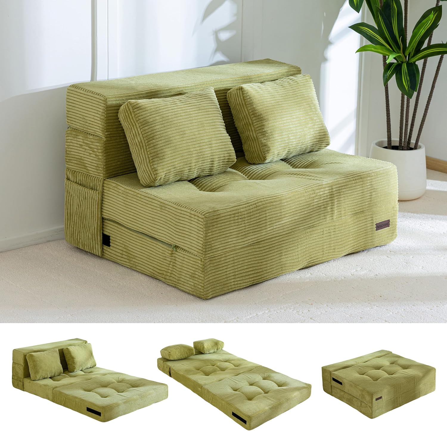 MAXYOYO Convertible Sofa Bed, Fold Out Loveseat Sofa Couch with Pillow, 4 in 1 Tufted Folding Couch Bed Foam Floor Couch, Lazy Chair for Living Room Bedroom Guest Room, Green