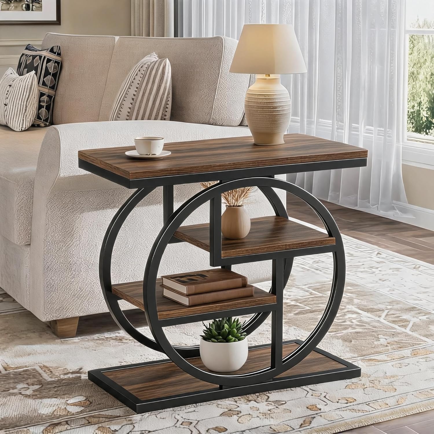 Tribesigns End Table for Living Room, Wooden Narrow Side Table with Storage Shelves & Wide Tabletop, Industrial Geometric Bedside Sofa Tables with Metal Frame for Bedroom, Small Spaces, Rustic Brown