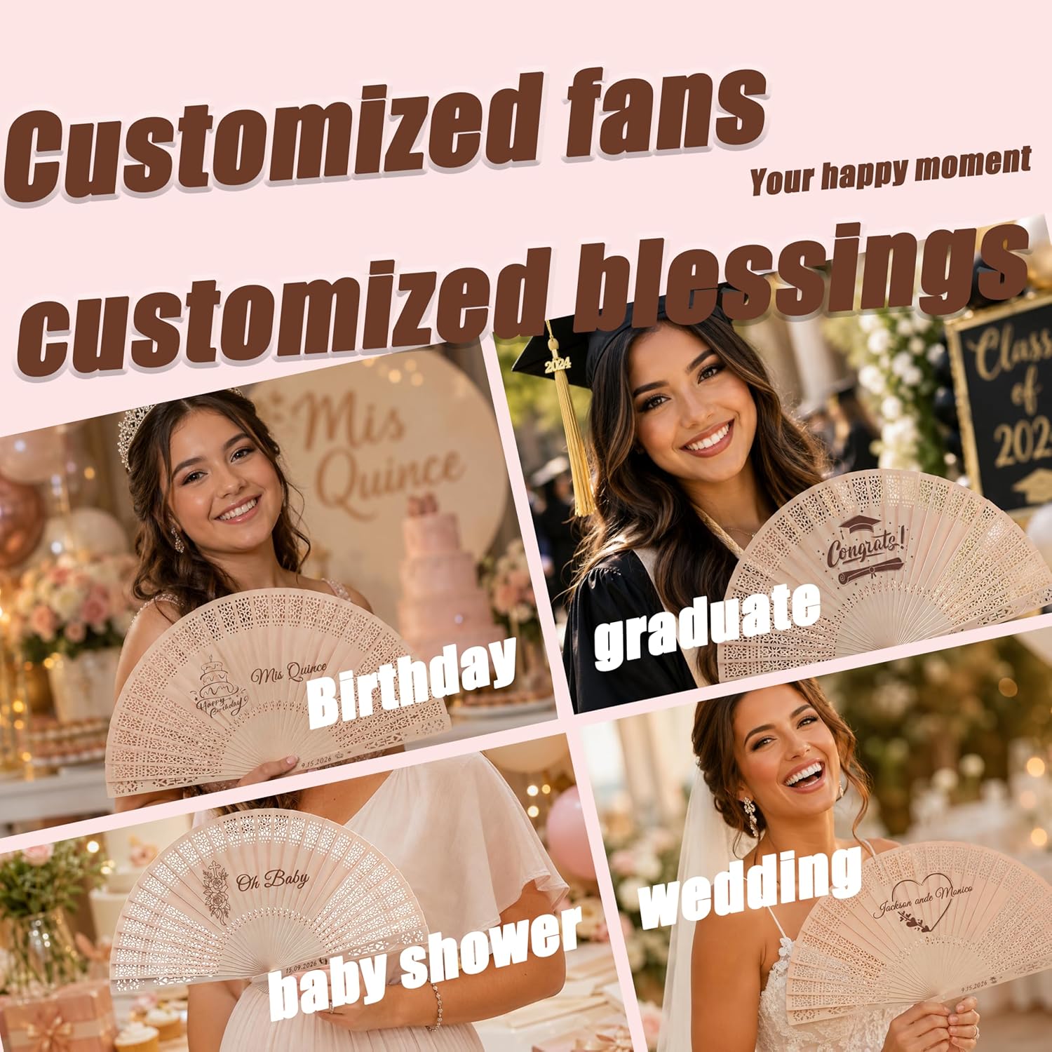 Custom Fans for Wedding Guests,Personalized Wooden Folding Hand Fans in Bulk with Organza Bags & Tassels,Wedding Favors,Baby Shower & Party Favors (30PCS)
