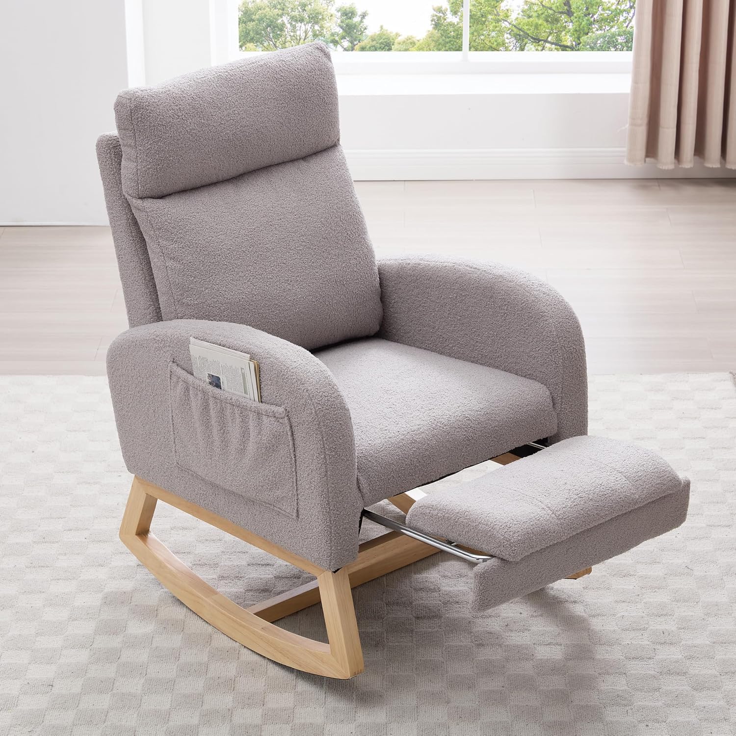 Rocking Chair, Nursery Rocking Chair, Teddy Fabric Accent Chair with Adjustable Footrest, Headrest, Side Pocket, Solid Wood Base, Light Gray