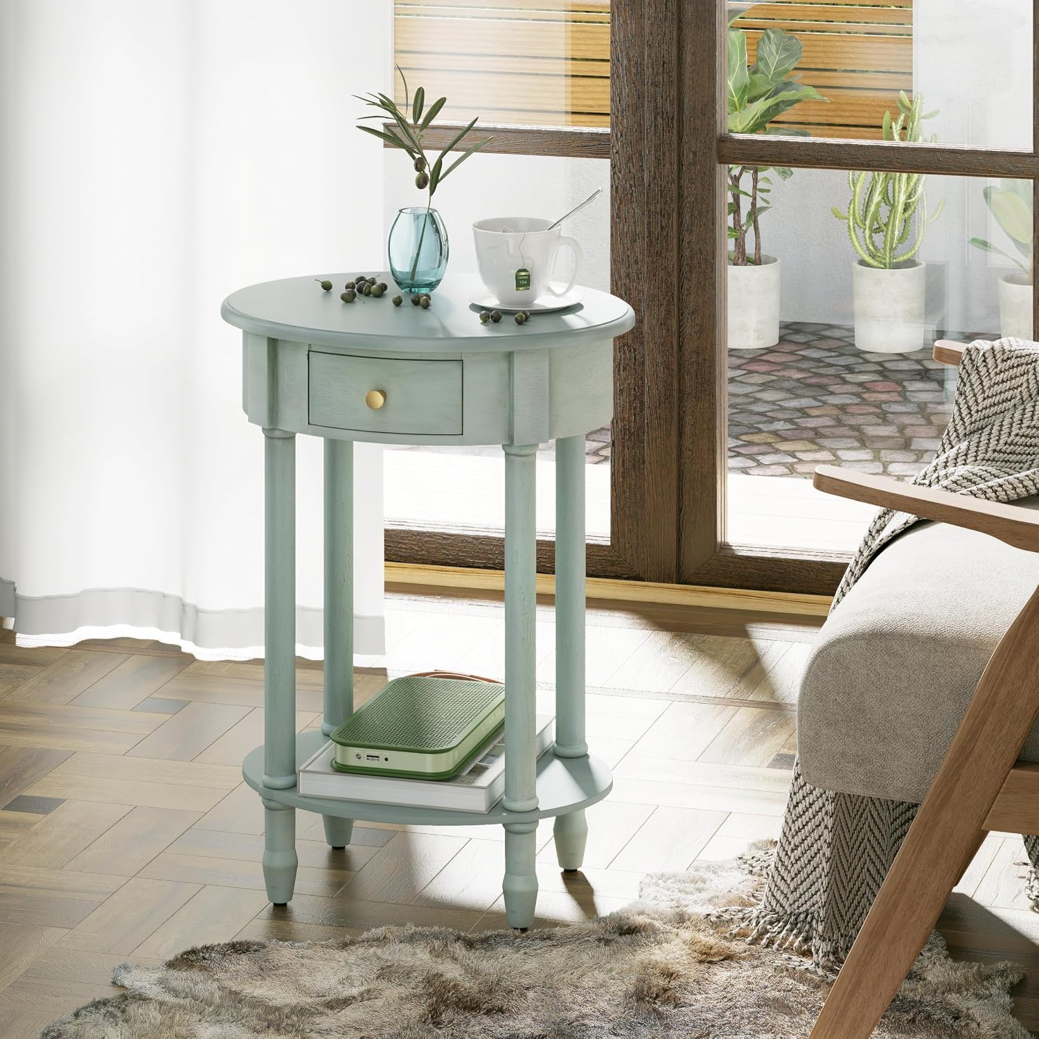 COZAYH French Country Oval End Table with 1 Small Drawer, Farmhouse Wood End Table with Additional Storage Shelf, Elegant Bedside Table for Small Spaces,Living Room,Bedroom, Light Green