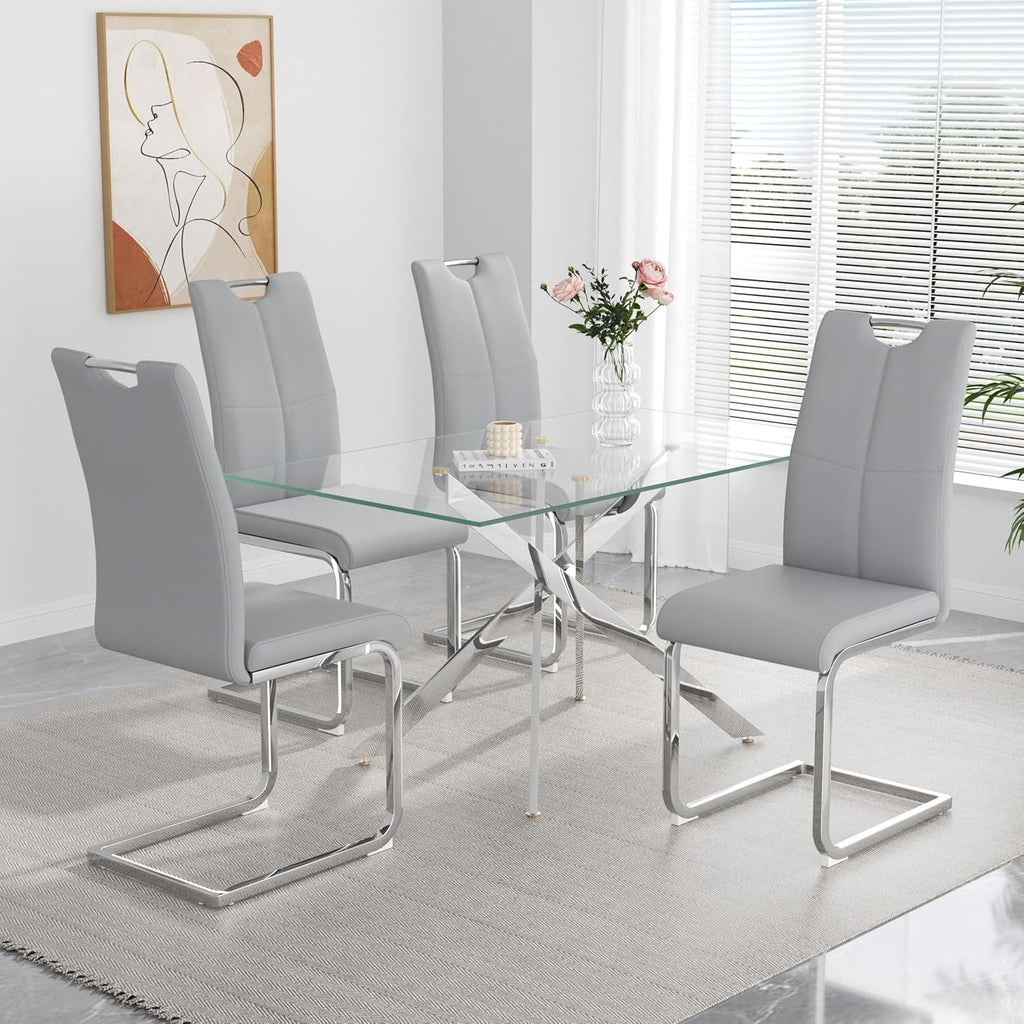 yeag Modern Dining Chairs Set of 4, High Back Kitchen and Kitchen Room Chairs with Silver Metal Chrome Legs and Upholstered PU Faux Leather Seat, Accent Side Chair for Home,Living Room, Gray
