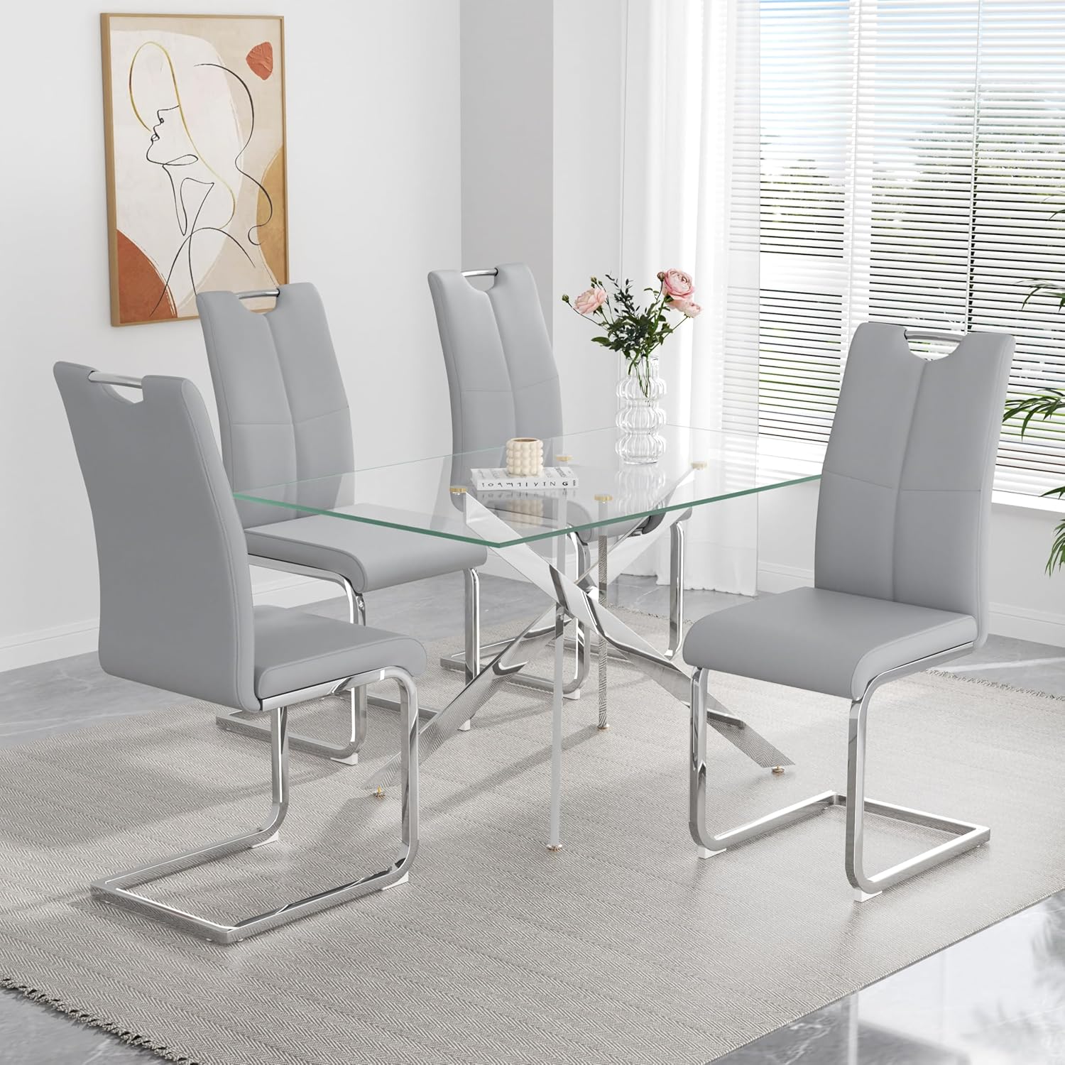 yeag Modern Dining Chairs Set of 4, High Back Kitchen and Kitchen Room Chairs with Silver Metal Chrome Legs and Upholstered PU Faux Leather Seat, Accent Side Chair for Home,Living Room, Gray