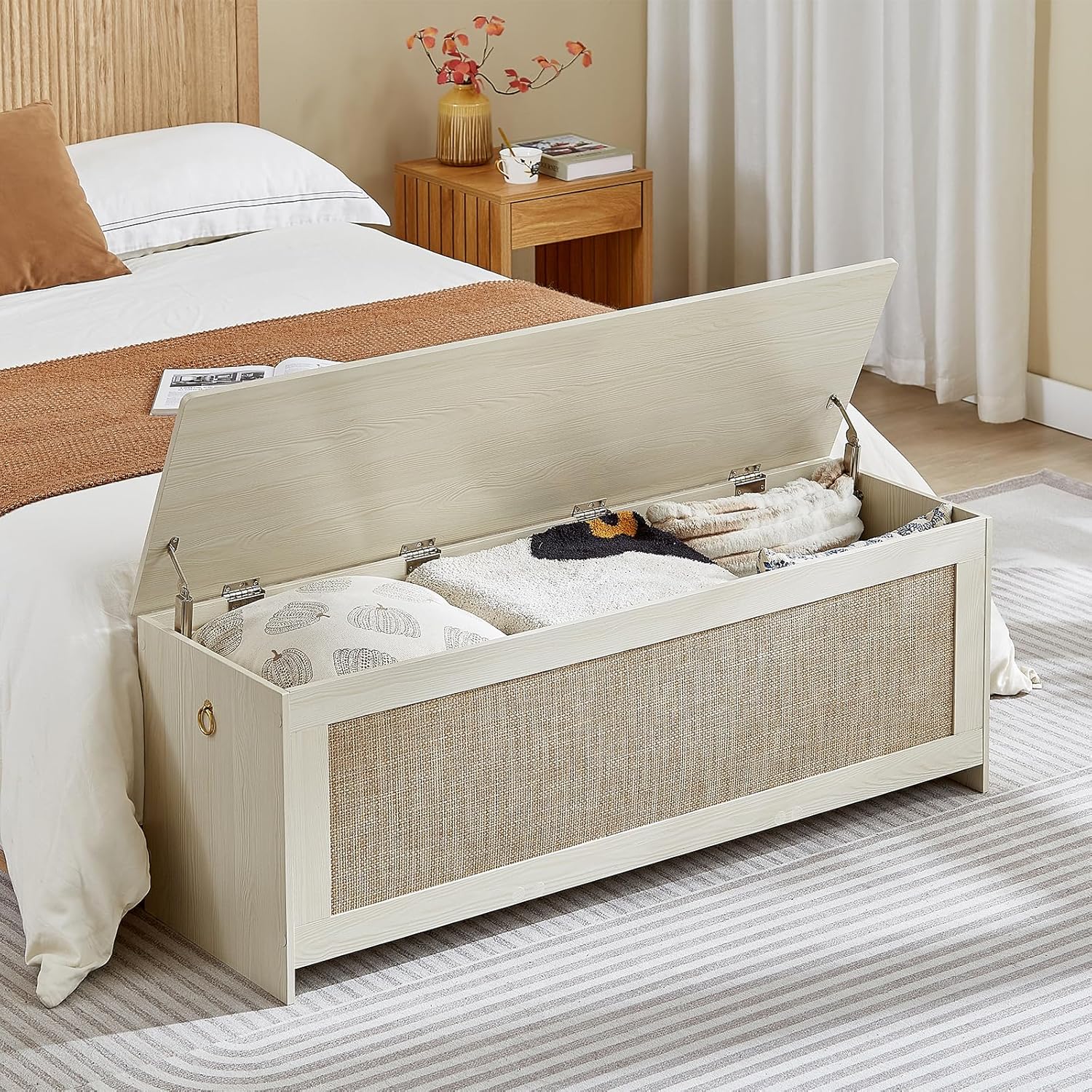 51.2" Storage Chest Extra Large,Storage Bench with 2 Safety Hinges,Wooden Shoe Bench,51.2x15.7x18.3 Inch,Easy Assembly,Storage Bench for Bedroom,Living Room,entryway(White Cream)