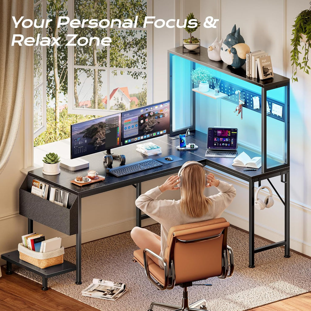 PRAISUN 51.2" L Shaped Gaming Desk with Power Outlets & USB-C Port, LED Lights, Computer Desk with Pegboard, Corner Desk with Storage Shelves & Bag, Office Desk with CPU Stand for Home Office, Black