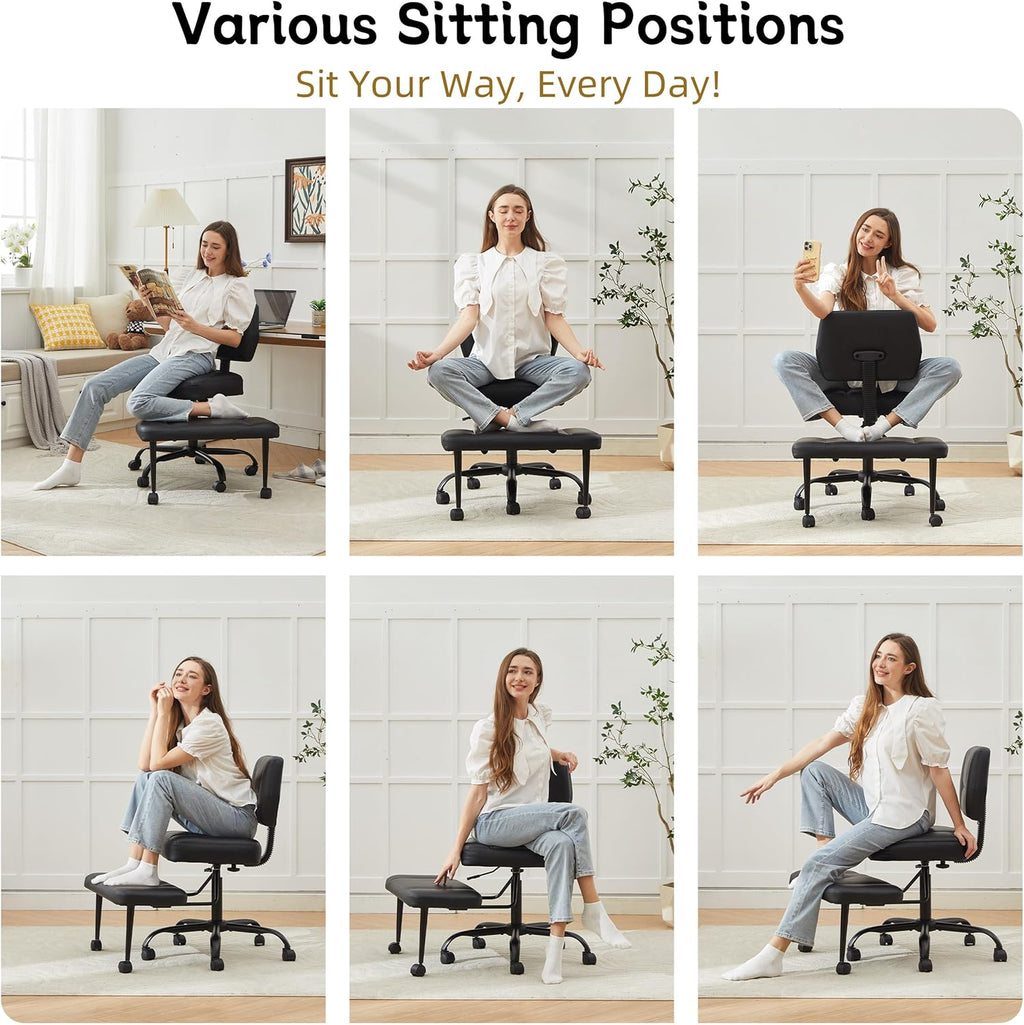 Cross Legged Office Chair with Wheels, Criss Cross Chair with Wider Thicken Seat, ADHD Meditation Chair with Adjustable Footstool for Adults, Yoga Office Chair, PU Black