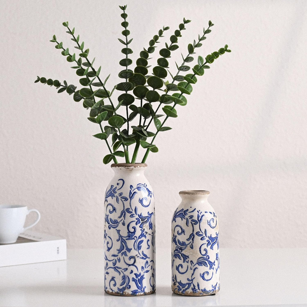 VICTOR & TERESA Blue and White Ceramic Vases Home Decor, Farmhouse Vase for Flowers, Flower Vase Set of 2, Rustic Decorative Vases for Pampas Grass, Table, Living Room, Shelf, Centerpieces, 8 inch