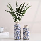 VICTOR & TERESA Blue and White Ceramic Vases Home Decor, Farmhouse Vase for Flowers, Flower Vase Set of 2, Rustic Decorative Vases for Pampas Grass, Table, Living Room, Shelf, Centerpieces, 8 inch
