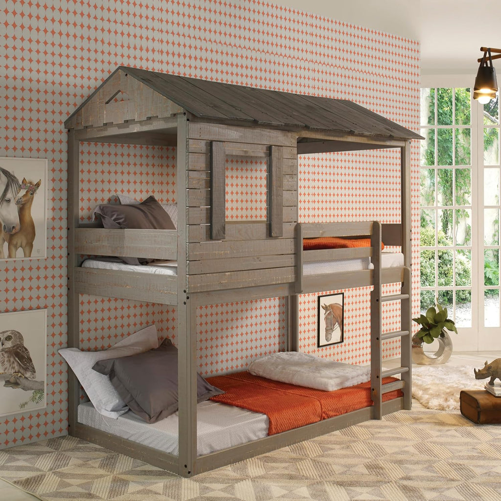 Rustic Grey Twin Over Twin Bunk Bed with Built in Ladder