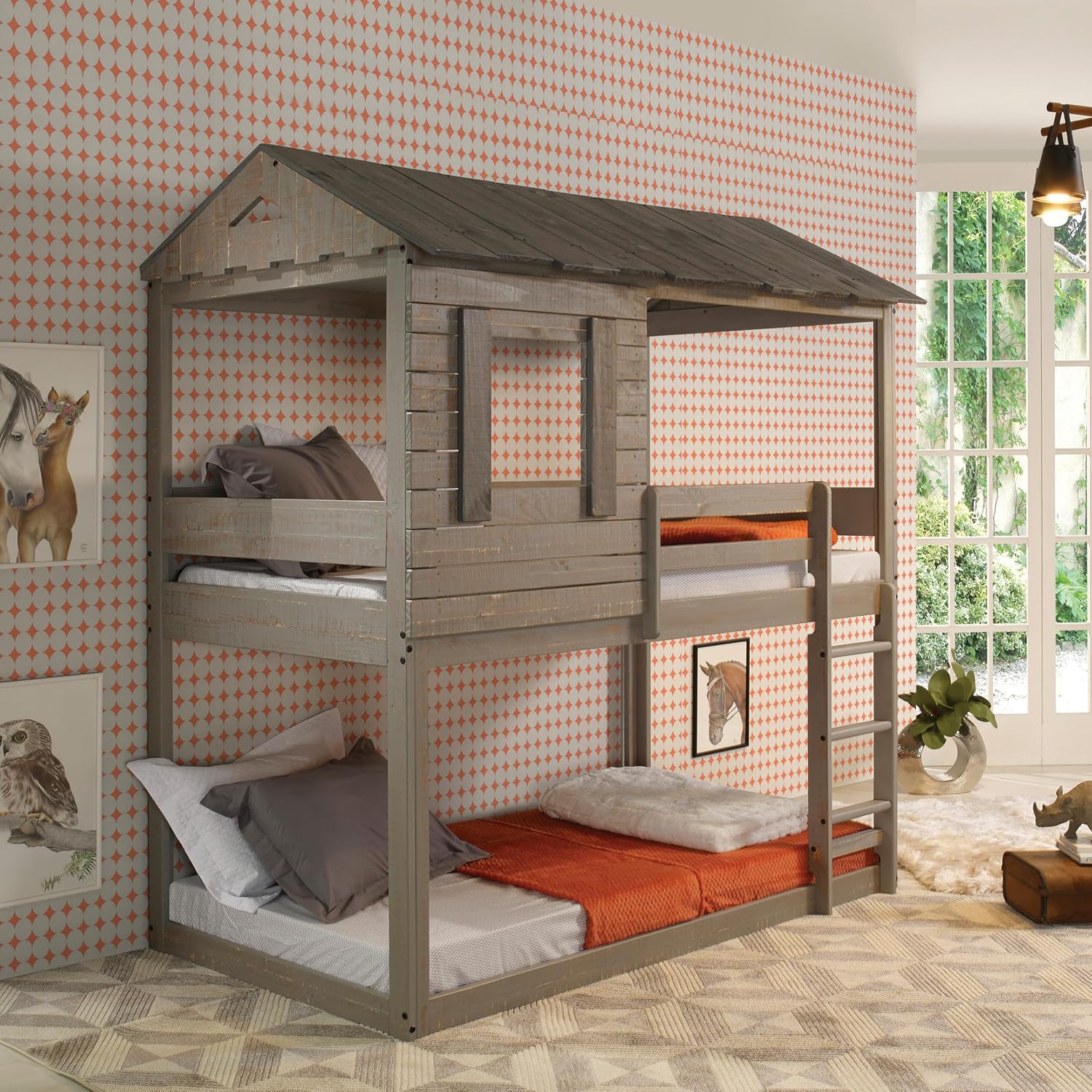 Rustic Grey Twin Over Twin Bunk Bed with Built in Ladder