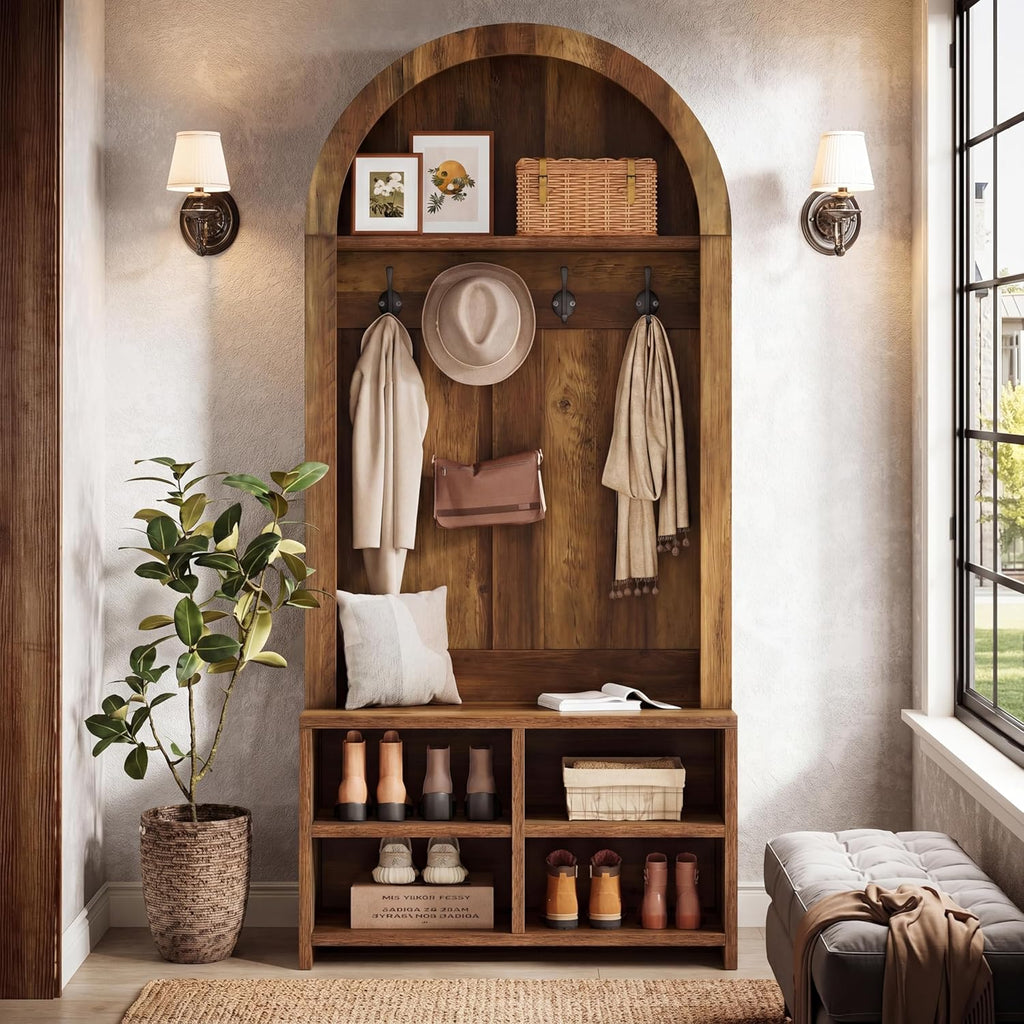 Tribesigns Arched Hall Tree with Bench and Shoe Storage, 70.87" H Tall Coat Rack with Shoe Storage Bench, 4-in-1 Entryway Coat Rack with 4 Hooks & Storage Cubbies, for Mudroom, Hallway, Bedroom, Brown
