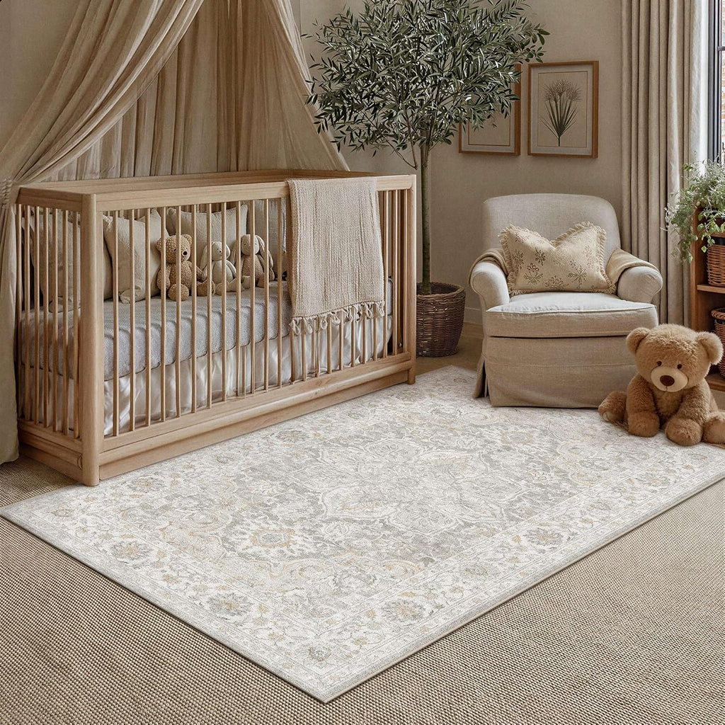 HUGEAR 4x6 Washable Area Rugs for Living Room Bedroom Beige Grey Vintage Large Soft Carpet Rug Non-Shedding & Non-Slip Low Pile Indoor Home Decor Dining Room Kitchen Office Floor Mat
