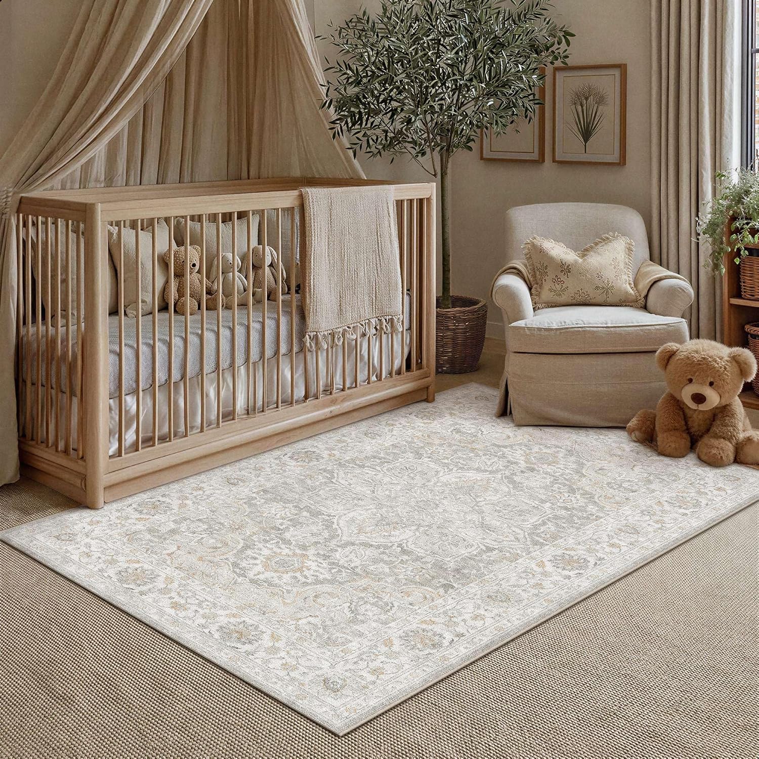 HUGEAR 4x6 Washable Area Rugs for Living Room Bedroom Beige Grey Vintage Large Soft Carpet Rug Non-Shedding & Non-Slip Low Pile Indoor Home Decor Dining Room Kitchen Office Floor Mat