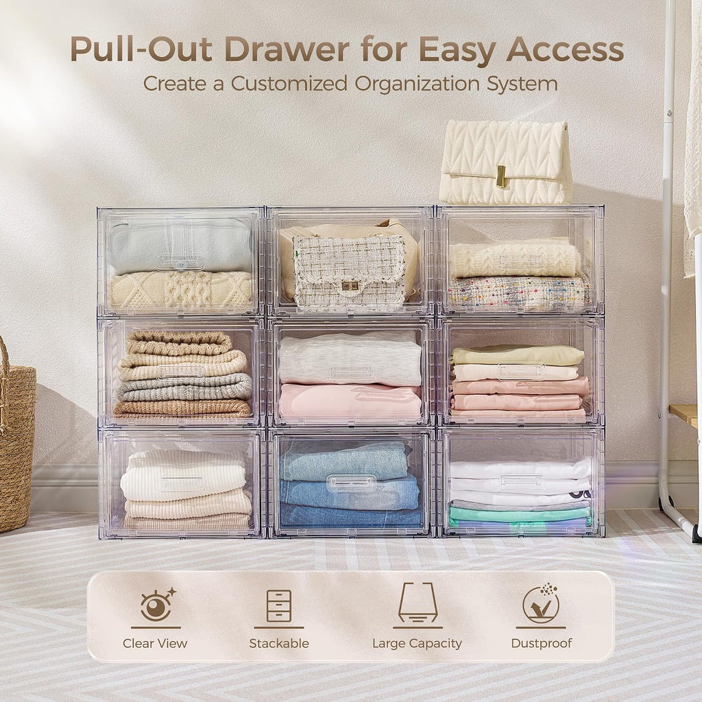 Vtopmart 4 Pack Clear Stackable Storage Drawers 15QT, Easily Assemble Closet Organizers,Plastic Storage Bins for Bathroom,Cabinet,Kitchen Pantry,Under Sink Organization(Medium)
