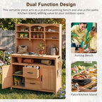 Merax 45.3" Large Outdoor Fir Wood Potting Bench with Storage, Multi-Functional Patio Kitchen Island, 6-Shelf Hutch+2 Cabinets+2 Drawers+3 Hooks, Garden Workstation for Planting, Gardening, Natural