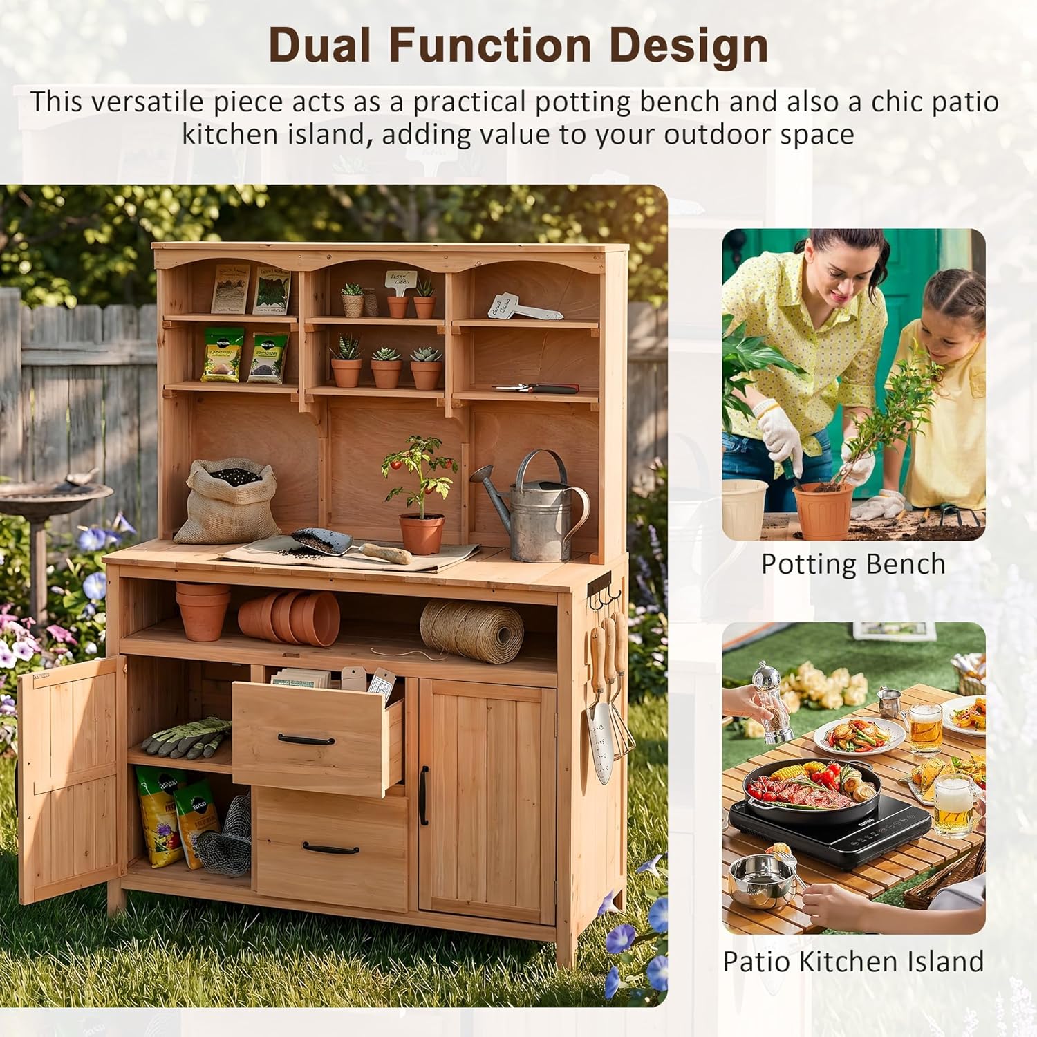 Merax 45.3" Large Outdoor Fir Wood Potting Bench with Storage, Multi-Functional Patio Kitchen Island, 6-Shelf Hutch+2 Cabinets+2 Drawers+3 Hooks, Garden Workstation for Planting, Gardening, Natural