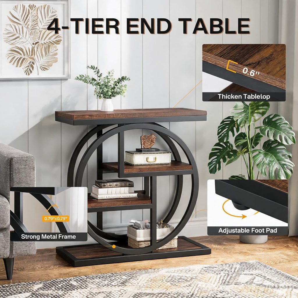 Tribesigns End Table for Living Room, Wooden Narrow Side Table with Storage Shelves & Wide Tabletop, Industrial Geometric Bedside Sofa Tables with Metal Frame for Bedroom, Small Spaces, Rustic Brown