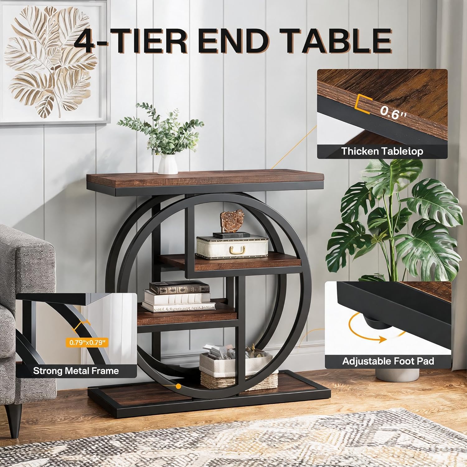 Tribesigns End Table for Living Room, Wooden Narrow Side Table with Storage Shelves & Wide Tabletop, Industrial Geometric Bedside Sofa Tables with Metal Frame for Bedroom, Small Spaces, Rustic Brown